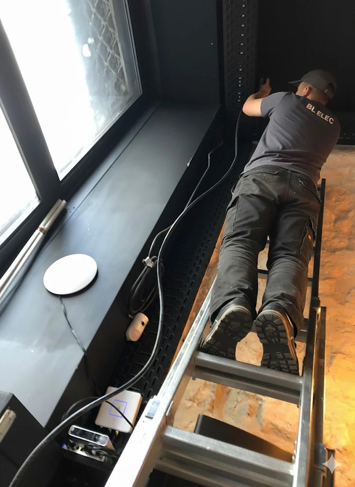 Électricien professionnel en intervention sur une installation électrique, travaillant à Frontignan et ses alentours (Sète, Balaruc, Vic-la-Gardiole, Mireval, Gigean, Mèze, Marseillan, Fabrègues) pour tous vos besoins en installation, dépannage et maintenance dans tout le département de l’Hérault.